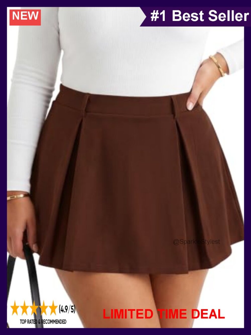 Moon Wood Plus Size Pleated Mini Skort with Pockets & Belt Loops